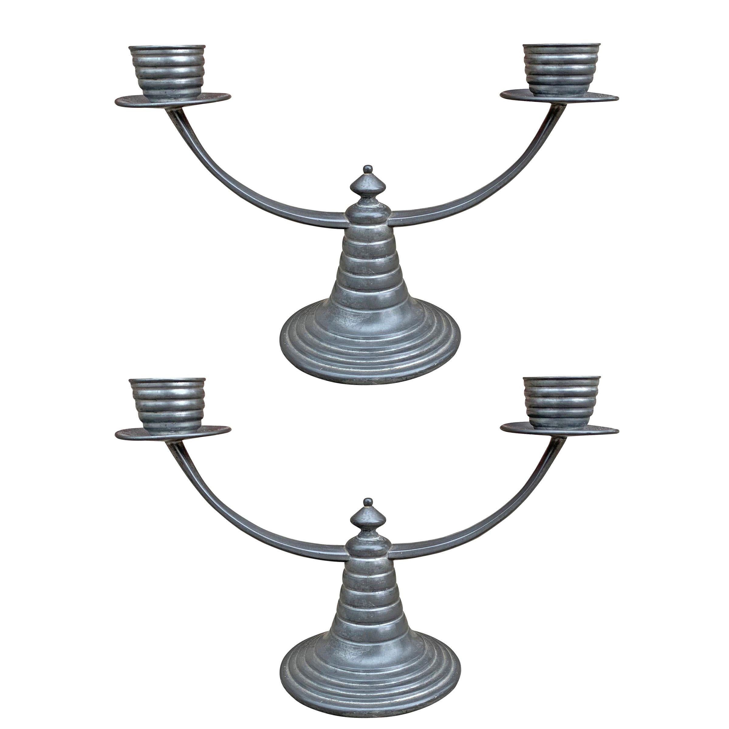 Pair of American Art Deco Pewter Candelabra