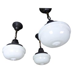 1930s Set of 10 Milk Glass Pendant Lights with Mirrored Diffusers