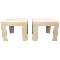 Pair of Massive Square Travertine Side Tables