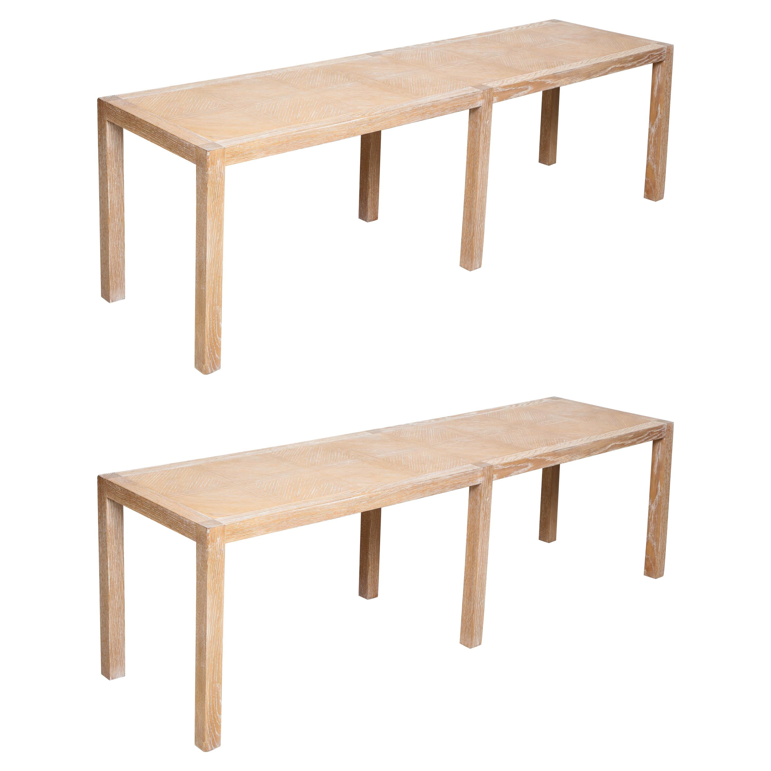 Pair of Cerused Oak Parquetry Long Benches
