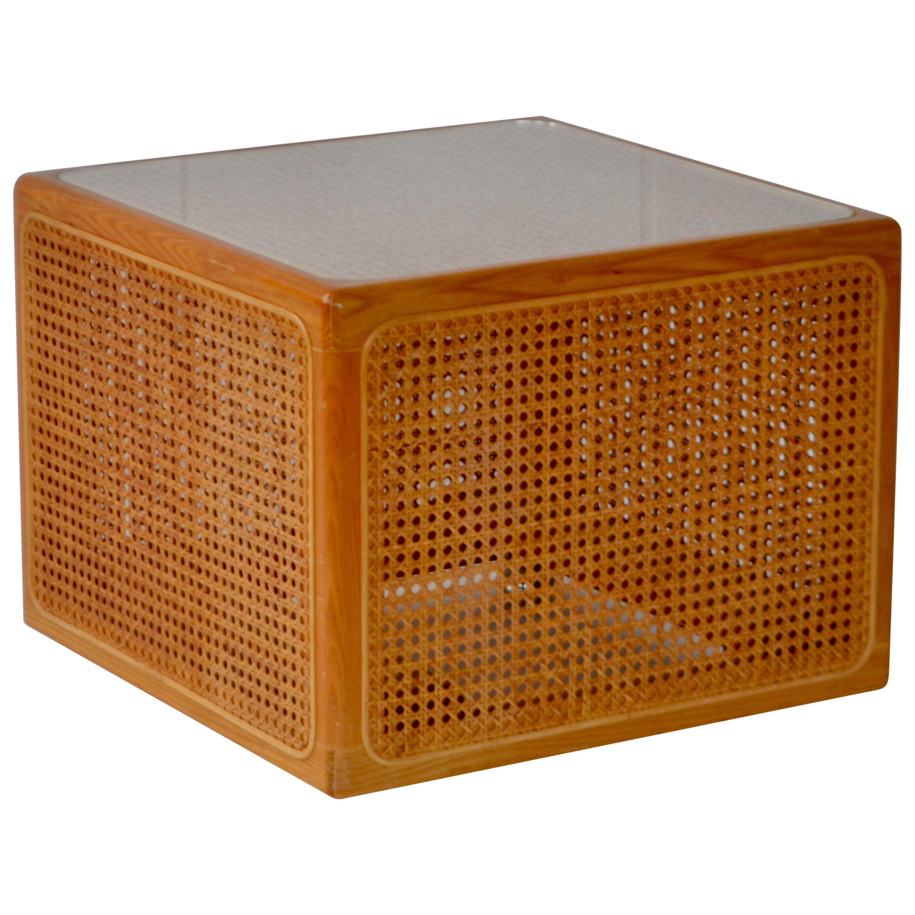 Midcentury Woven Cane Cube Form Side Table For Sale