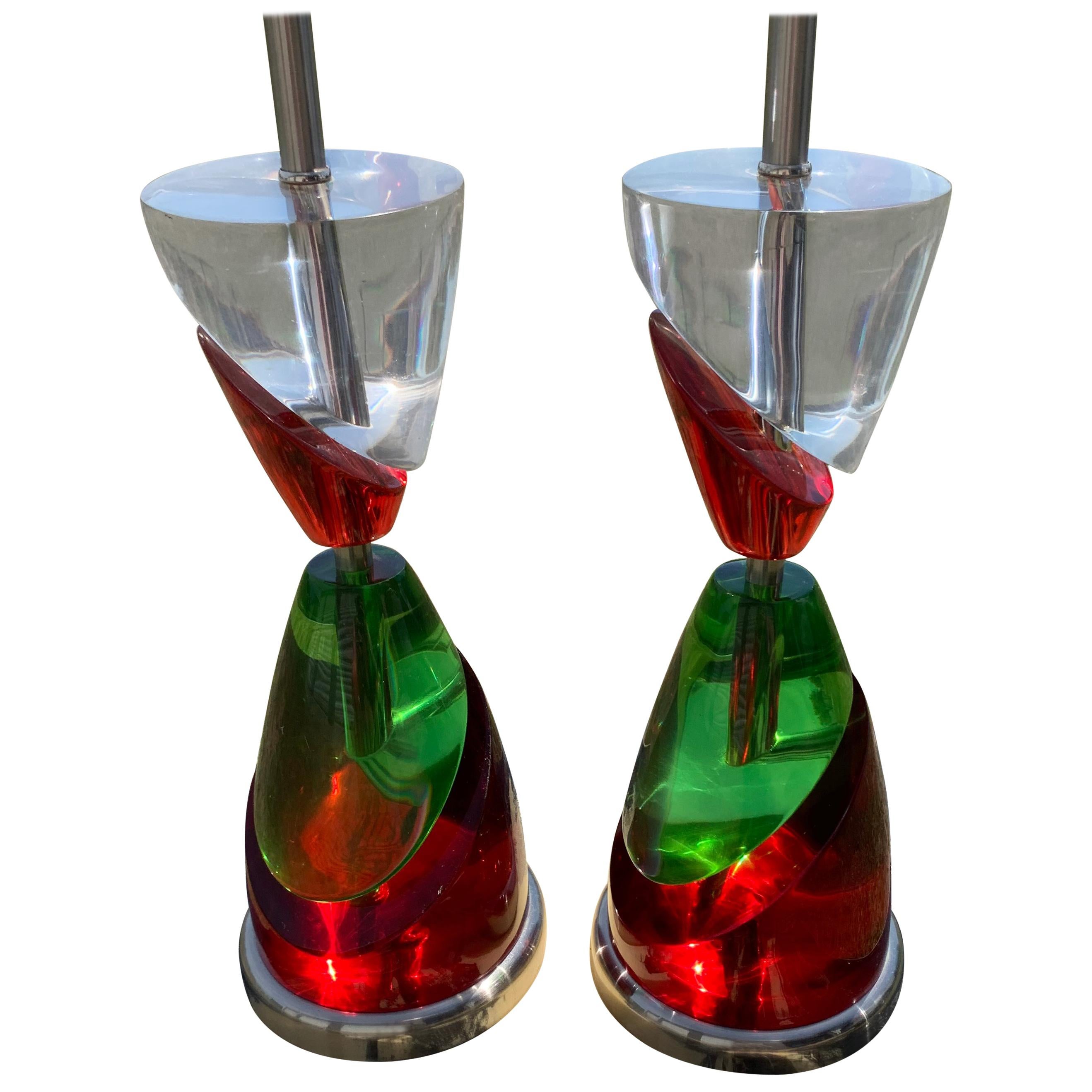Pair of vintage red and green Lucite table lamps.
Lamps are newly rewired.
