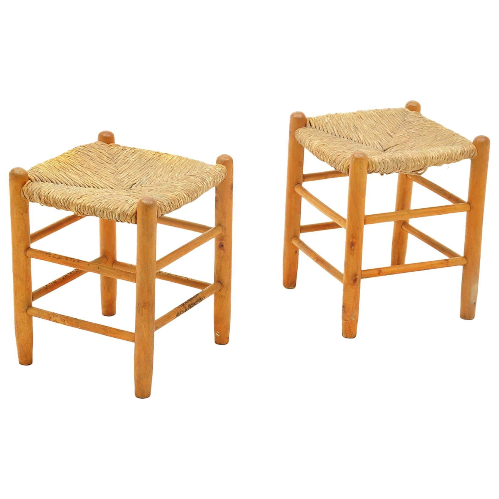 Pair of Wood and Staw Stools by Charlotte Perriand for L'équipement de la Maison