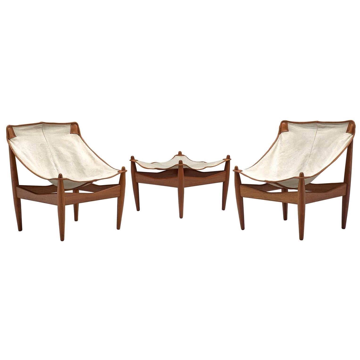 Illum Wikkelsø '272' Set of Easy Chairs and Ottoman with Canvas Seats