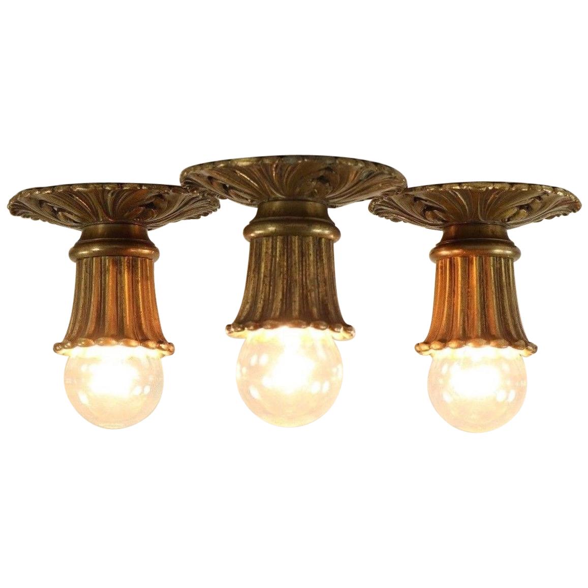 Set of 3 Art Nouveau Brass Ceiling Lamps Flush Mount Lights, France, 1910s-1920s