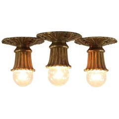 Set of 3 Art Nouveau Brass Ceiling Lamps Flush Mount Lights, France, 1910s-1920s