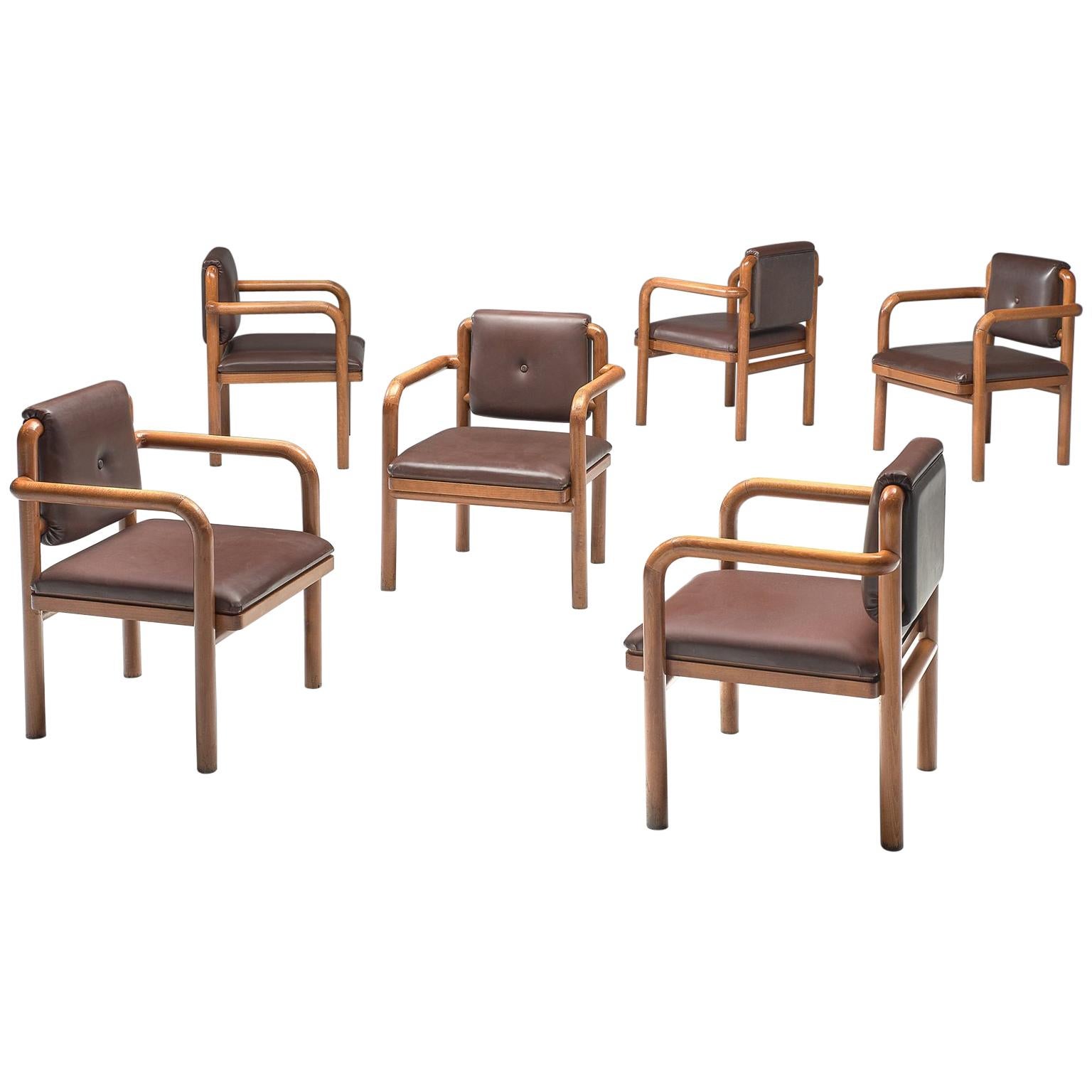 Ton Set of Six Armchairs in Brown Upholstery