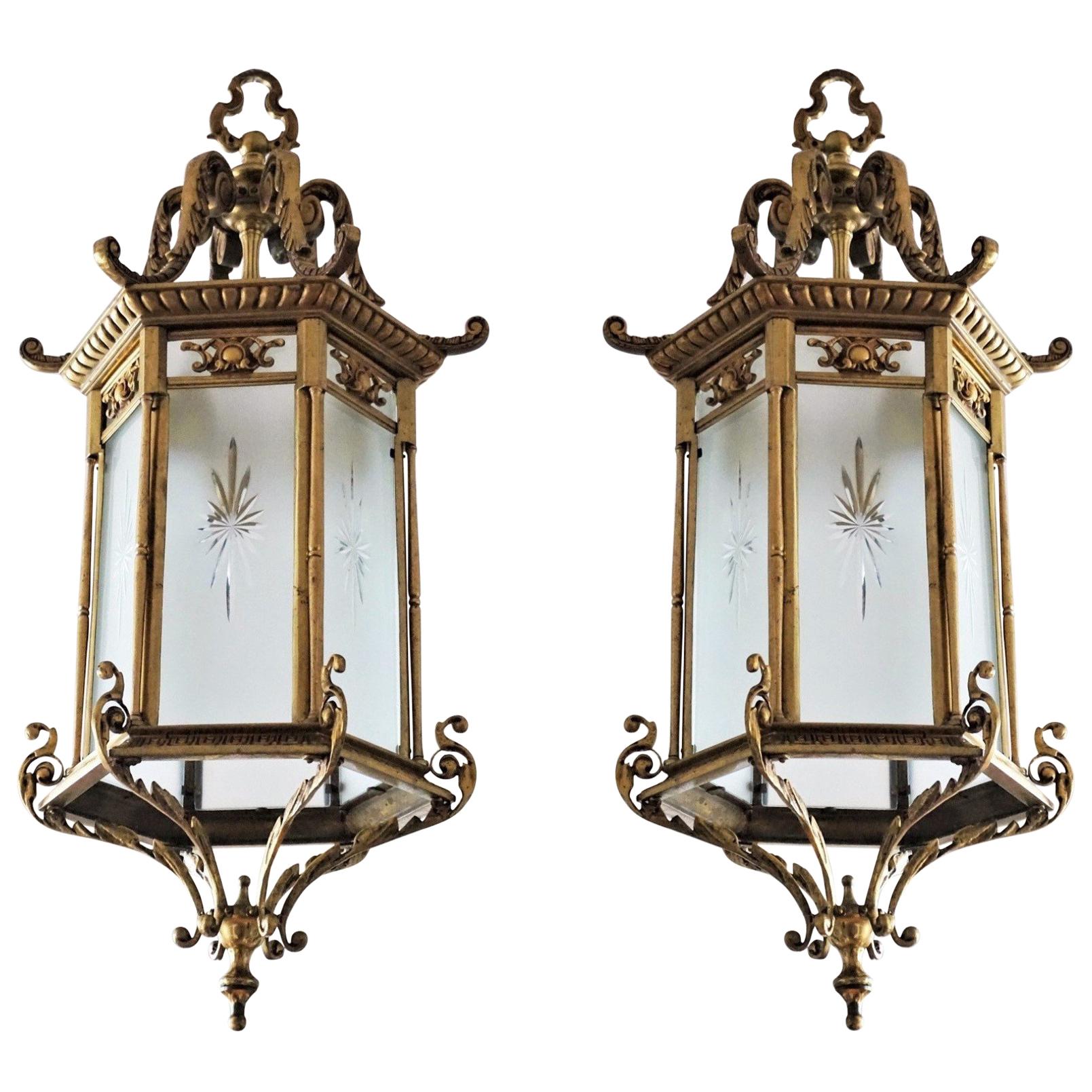 Pair of Large 19th Century Regency Style Bronze Cut-Glass Three-Light Lanterns