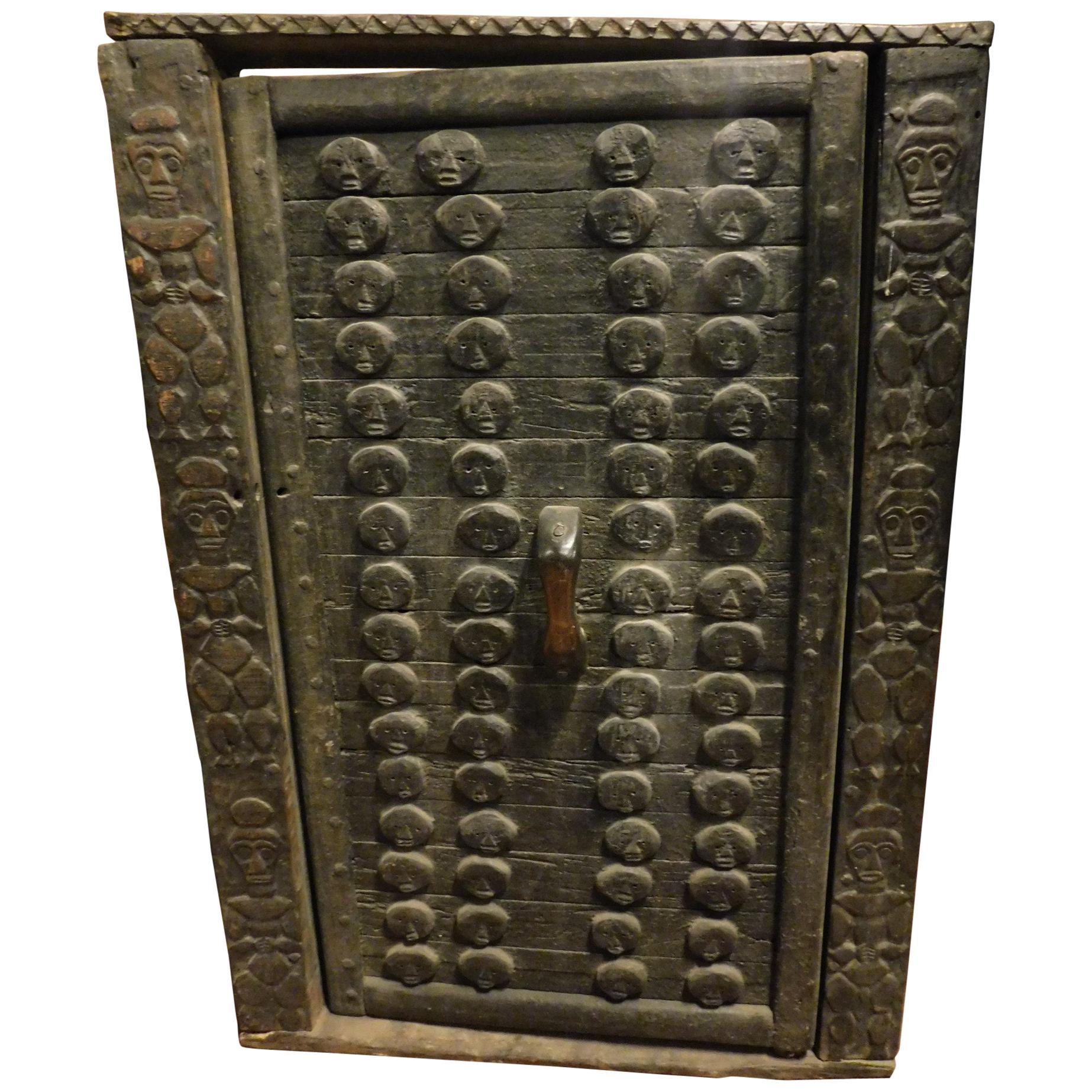 Antique Door Dark Wood Brown African of the Dagon, with Frame Carved
