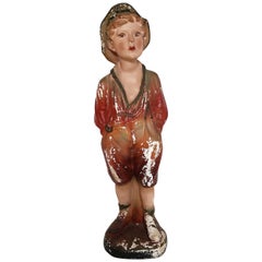 Post Depression Era Whistling Boy Plaster Statue in Original Painted Finish