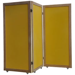 Yellow Mid Century Modern Paravent / Folding Screen of Teak / Brass / Pavatex