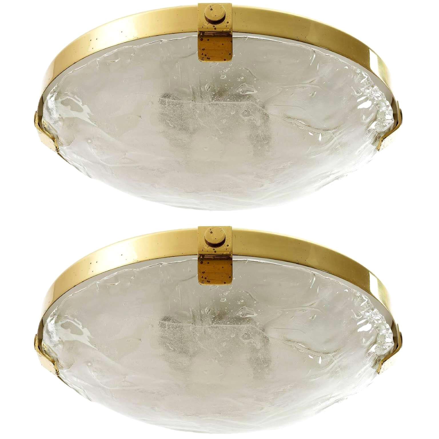 Pair of Kalmar Flush Mount Lights, Brass Murano Glass, 1970s