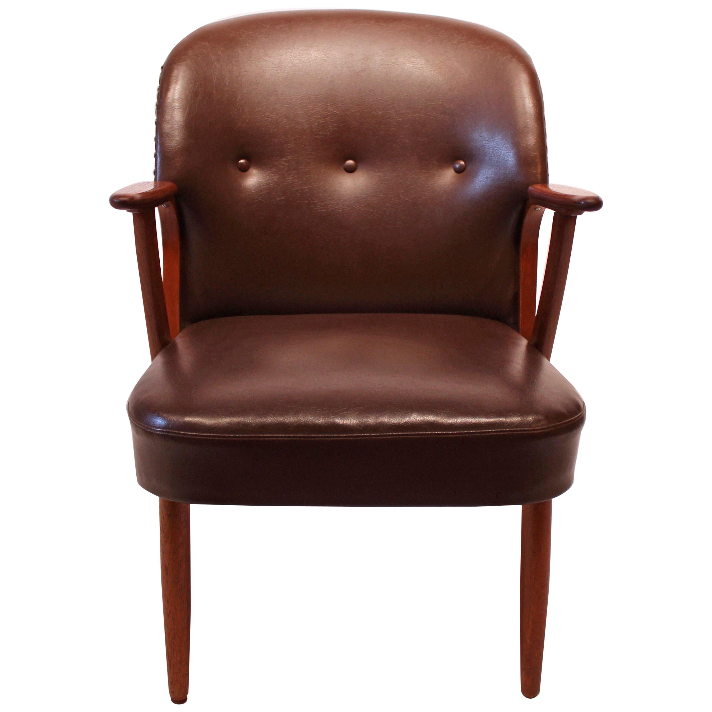 Easy Chair of Dark Brown Patinated Leather and Teak, Danish Design, 1940s