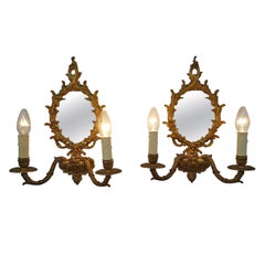 Antique Pair of Wall Lamps or Sconces with Mirror