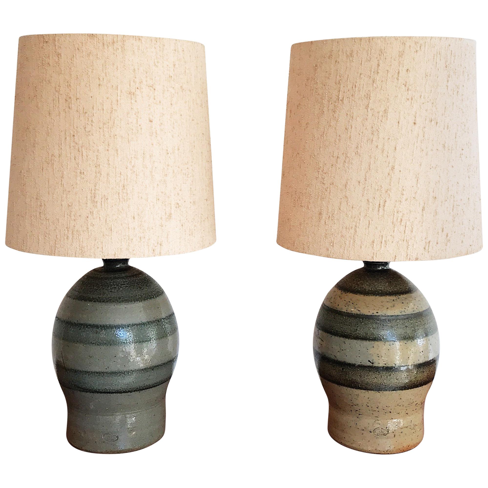 Pair of Mid-20th Century Bendigo Pottery Table Lamps with Period Textured Shades