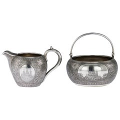 Antique 19th Century Russian Silver & Niello Sugar Bowl & Cream Jug, Moscow, circa 1892