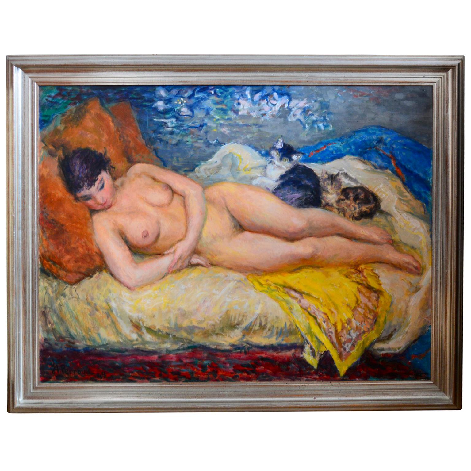 Jan Andre Perroud Nude Painting with Reverse Oil-Painting Of A Sailboat Scene For Sale