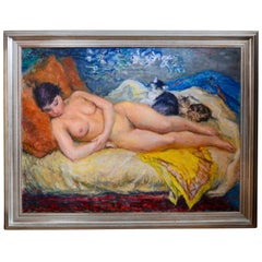 Jan Andre Perroud Nude Painting with Reverse Oil-Painting Of A Sailboat Scene