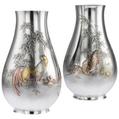 Antique Japanese Exceptional Solid Silver Vases, Ametani Yumin, circa 1900