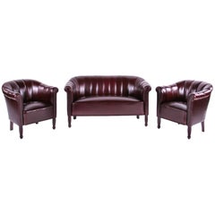 Art Deco Vintage Brown Leather Club Set, Set of Three