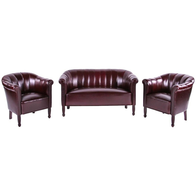 Art Deco Vintage Brown Leather Club Set Of Three For At Art Deco Vintage Brown Leather Club Set Of Three For