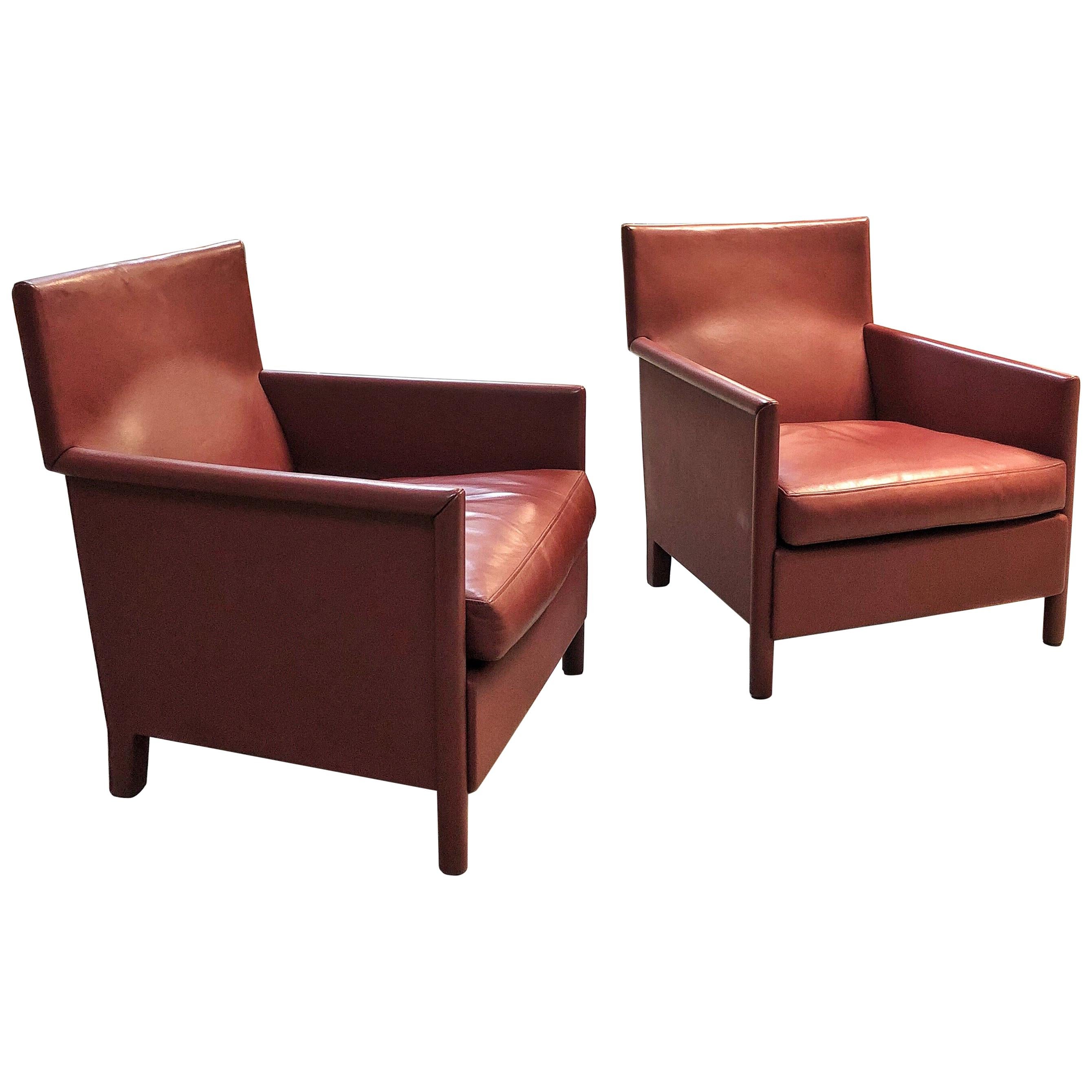 Molteni & C Red Leather Pair of Lounge Chairs