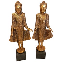 Pair of Gold Leafed Standing Thai Buddhas Statues