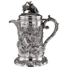 ANTIQUE 19thC VICTORIAN SOLID SILVER HUNTING FLAGON:: ROBERT HENNELL c.1855