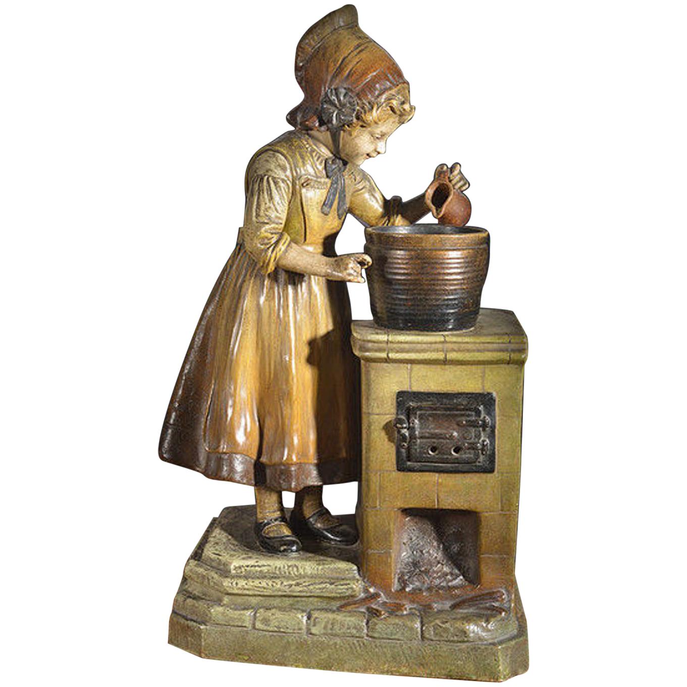 Painted Metal Lamp in the Form of a Young Girl at a Stove For Sale