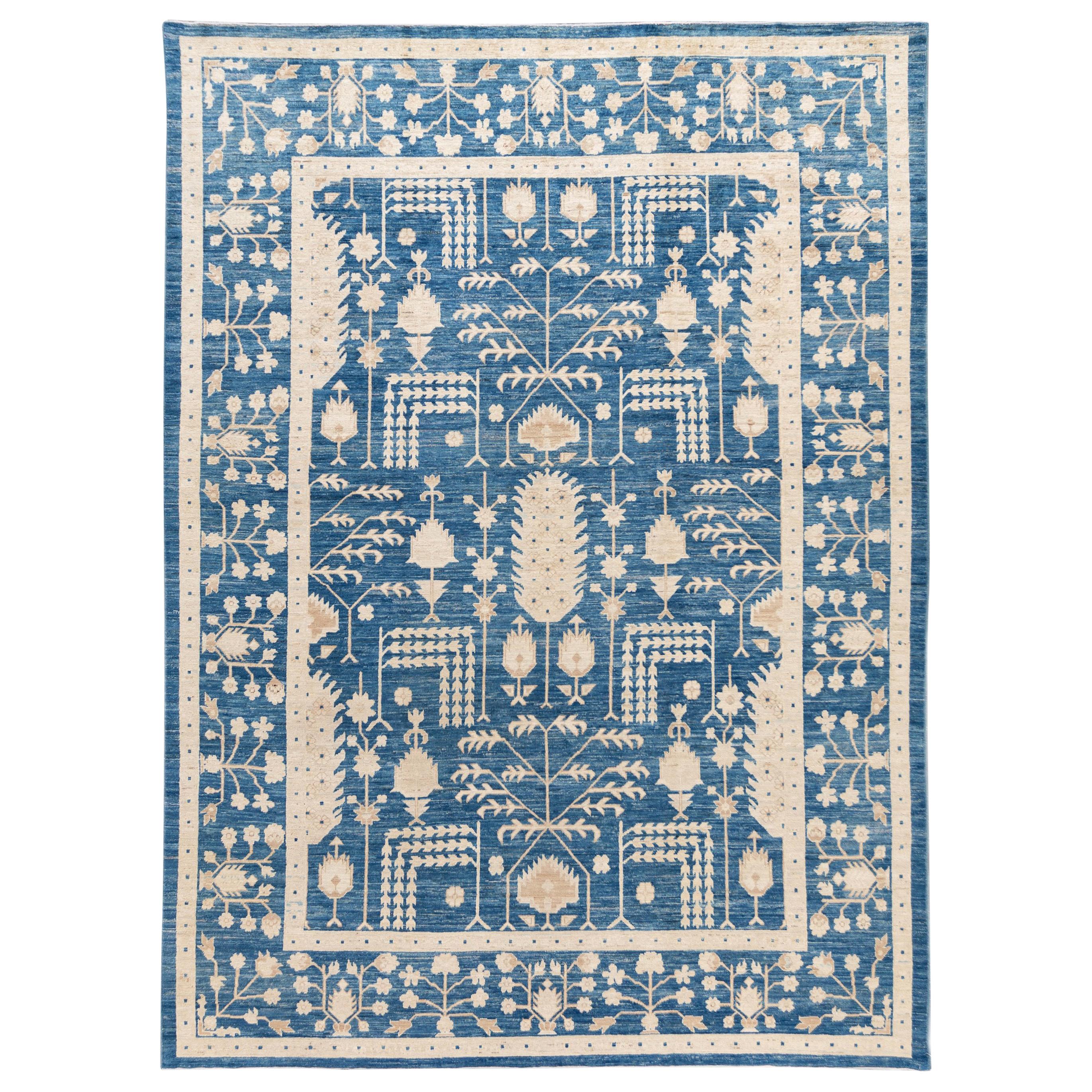 Contemporary Blue and Ivory Oushak-Style Wool Area Rug
