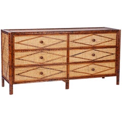 Midcentury Burnt Bamboo and Grasscloth Chest of Drawers