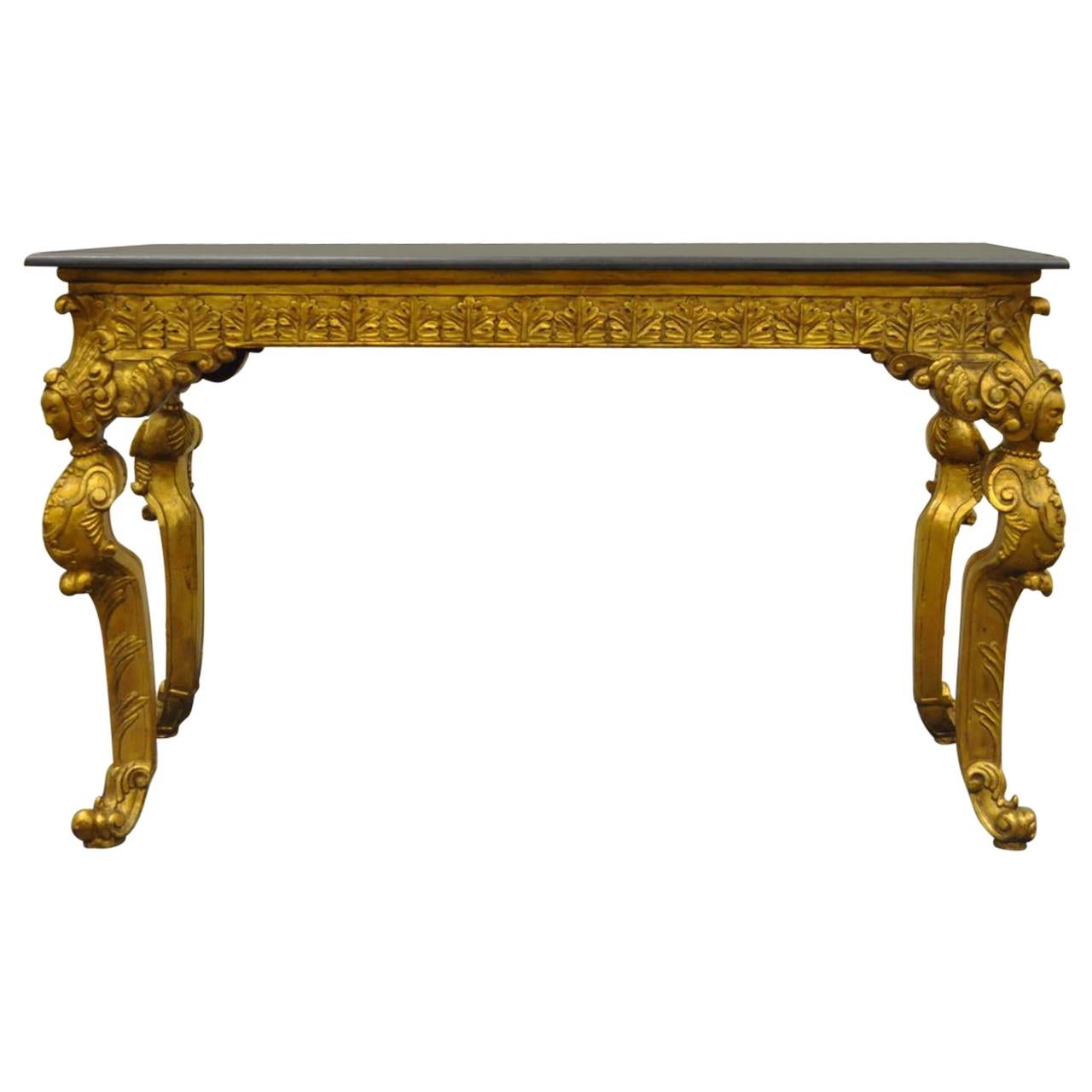 French Baroque Style Marble-Top Gold Gilt Figural Console Hall Table with Faces