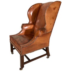 19th Century Victorian Leather Wing Back Library Armchair on Brass Castors