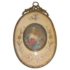 Antique Early 19th Century Fancy Maiden Miniature Portrait Embroidered Frame