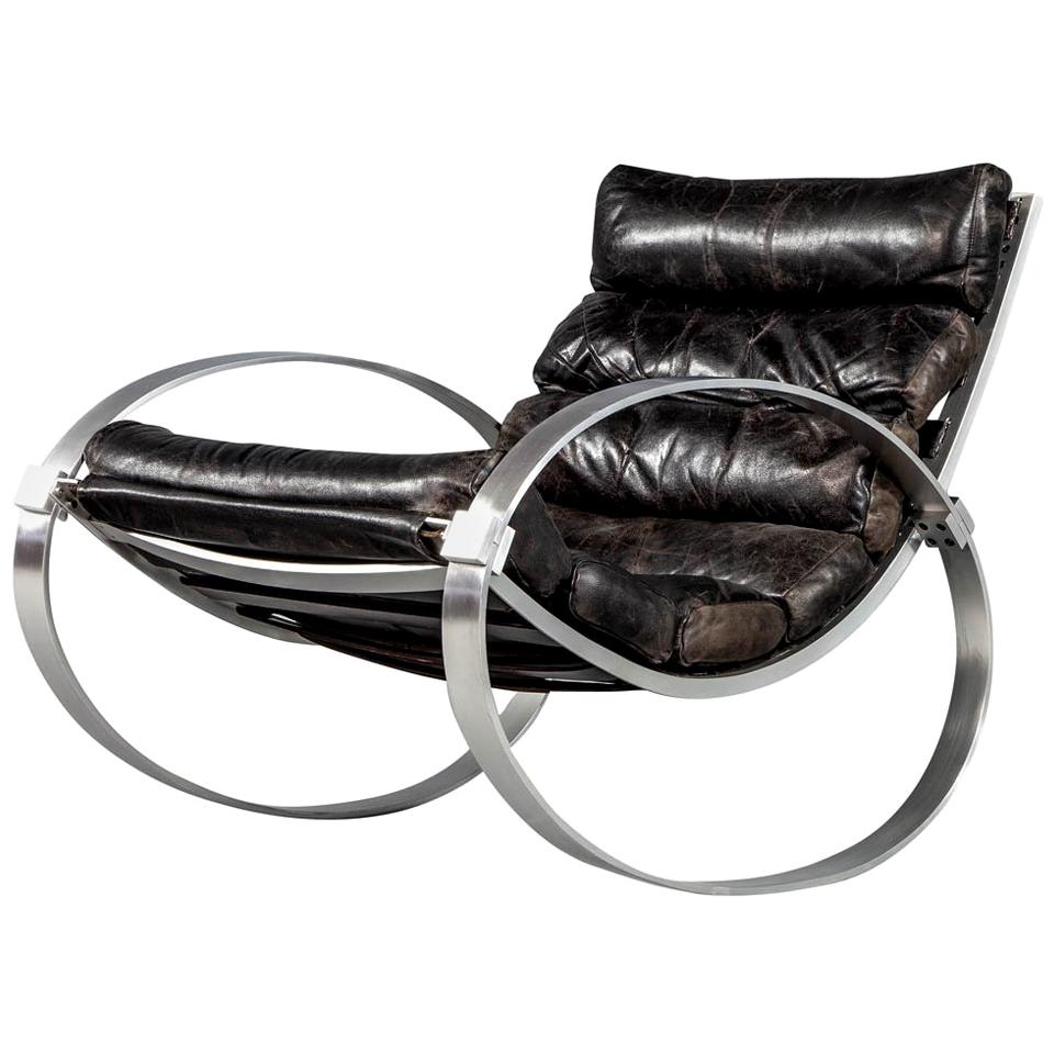 Hans Kaufeld fauteuil à bascule moderne mi-siècle en cuir et aluminium brossé