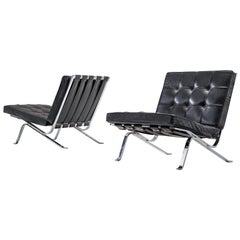 Robert Haussmann Set of Two Lounge Chairs in Chrome and Black Leather