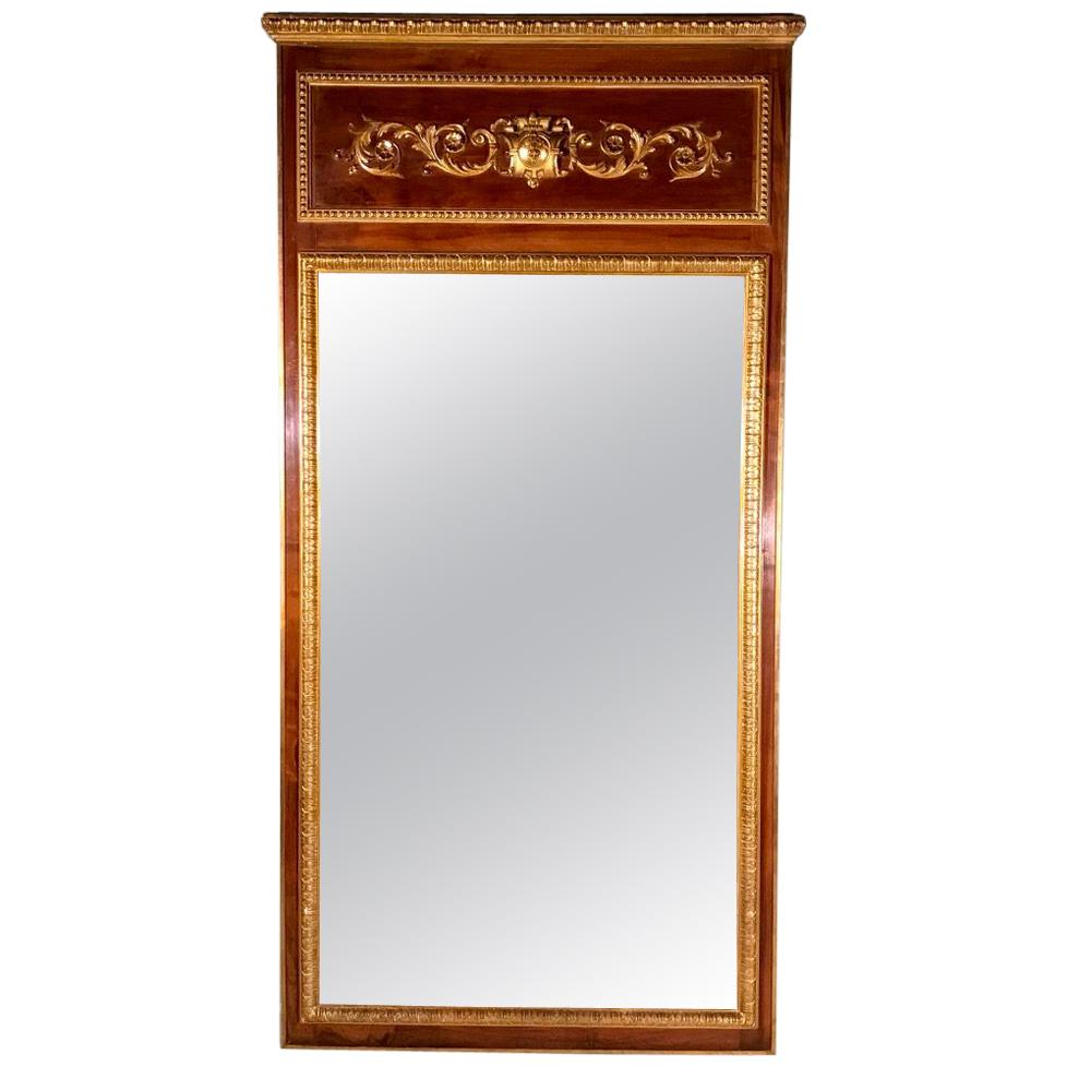 Large French 19th Century Trumeau Mirror in Walnut with Parcel Gilt