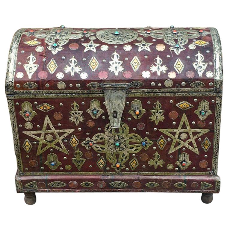 Large Antique Moroccan Chest - Tuareg Leather, Bone, Silver, Gems - Boho Luxe For Sale