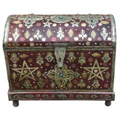Large Antique Moroccan Chest - Tuareg Leather, Bone, Silver, Gems - Boho Luxe
