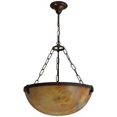 Antique and Stunning Alabaster in Brass Pendant / Chandelier, Arts & Crafts Era