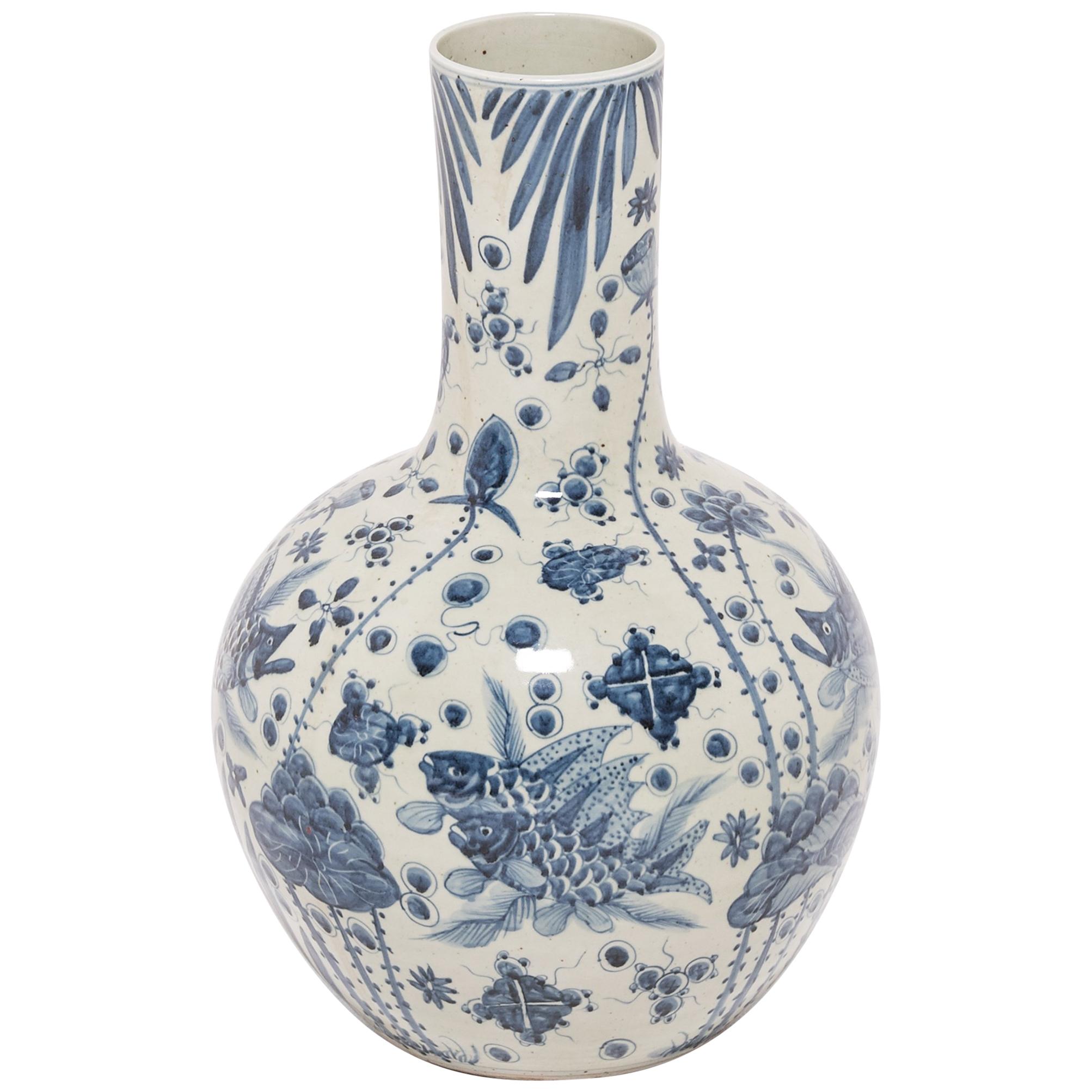Chinese Blue and White Fish and Flora Gooseneck Vase