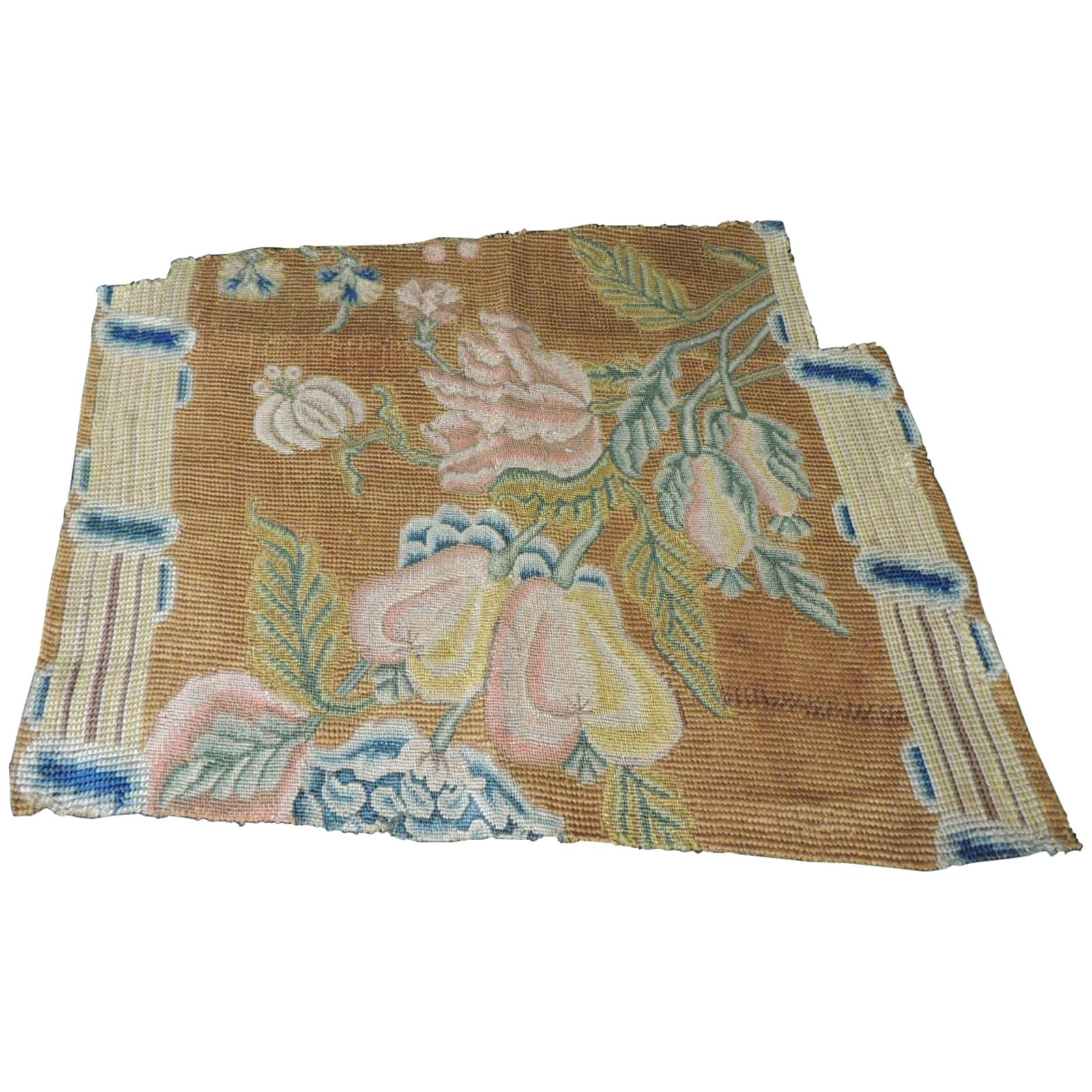 Antique Floral Needlework Tapestry Fragment For Sale