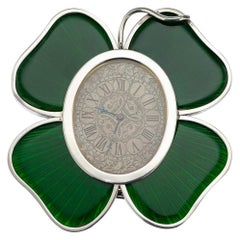 Antique 19th Century Victorian Solid Silver and Enamel Lucky Clover Clock, circa 1896