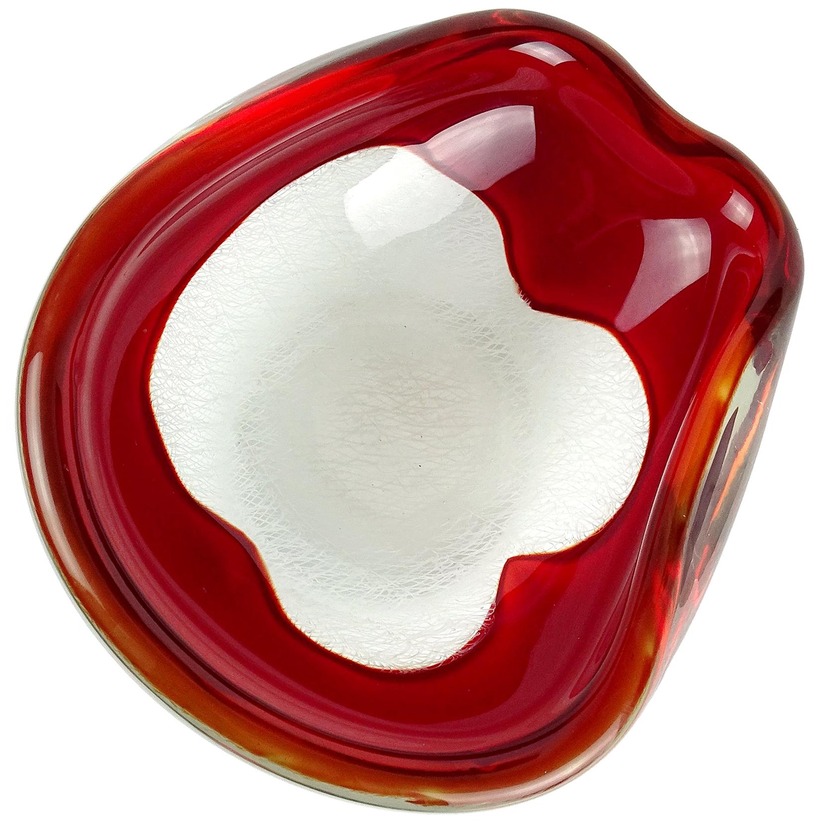 Archimede Seguso Murano 1954 Red White Merletto Ribbons Italian Art Glass Bowl