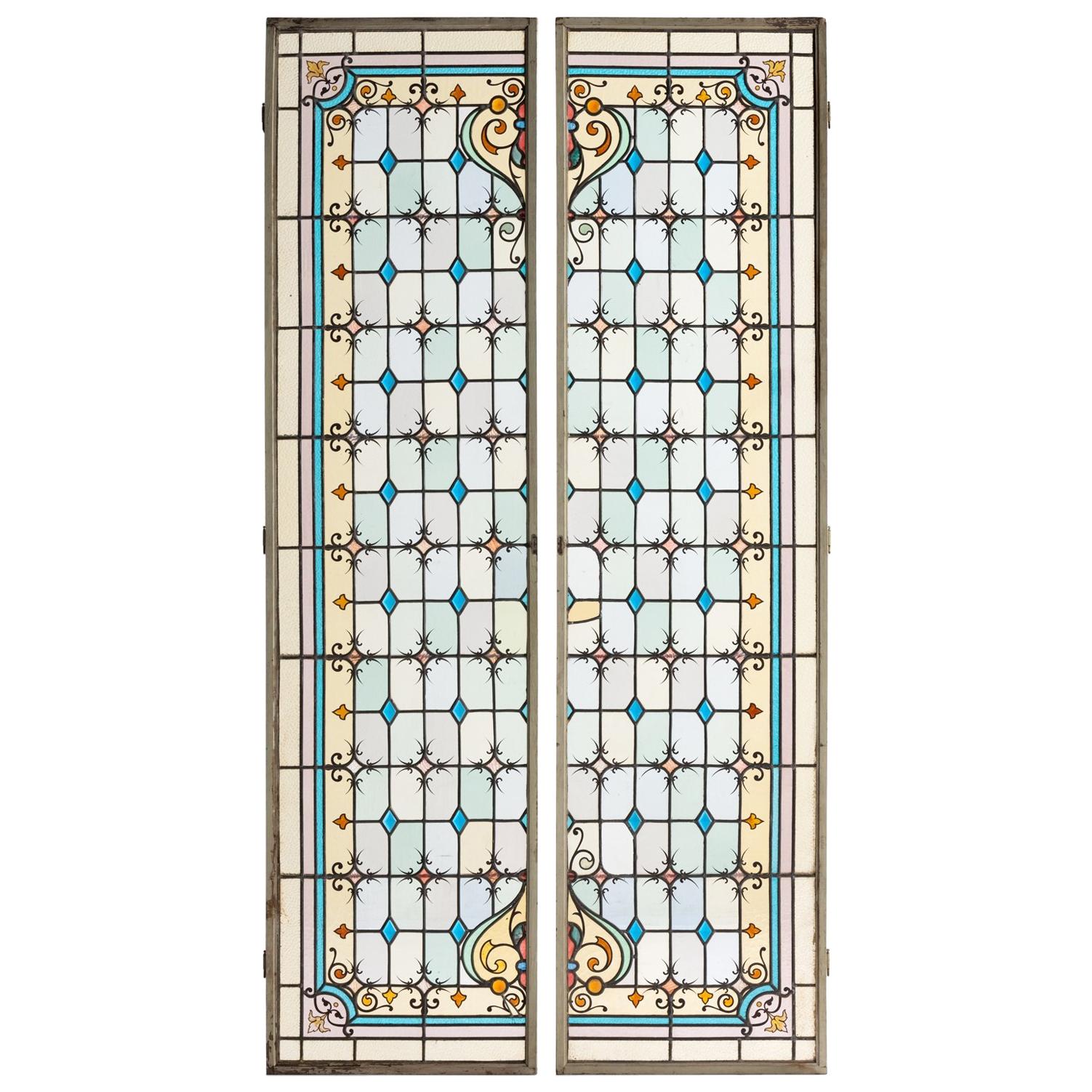 Pair of Leaded and Painted Glass Shutters, France, circa 1890
