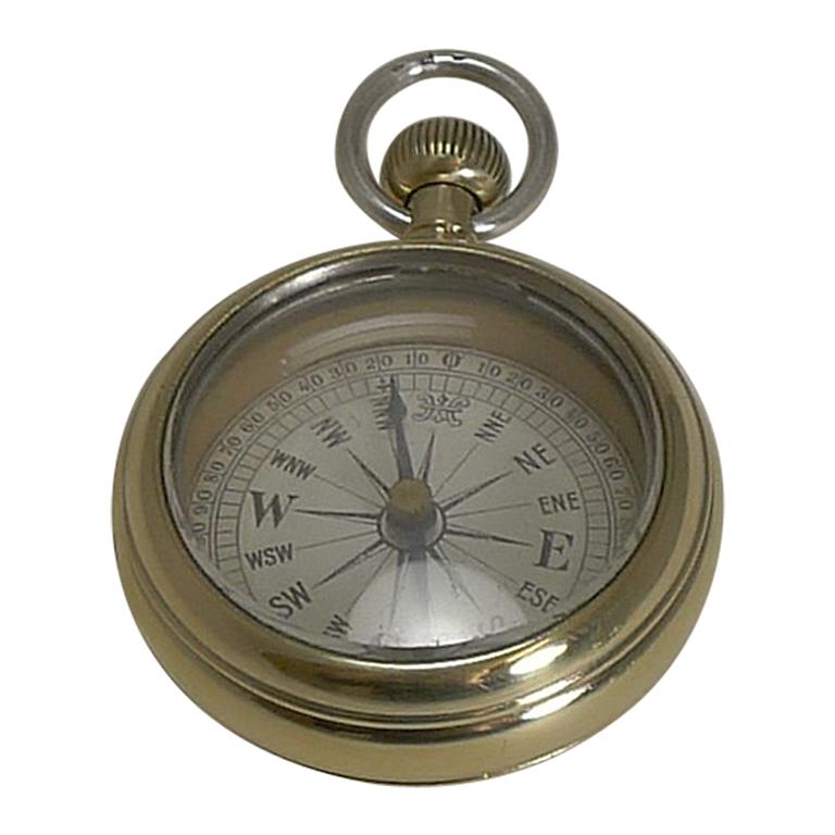 Antique English Brass and Sterling Silver "Pocket Watch" Compass, circa 1890