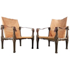 Pair of Early 20th Century Danish Teak Safari Chairs Attributed to Kaare Klint