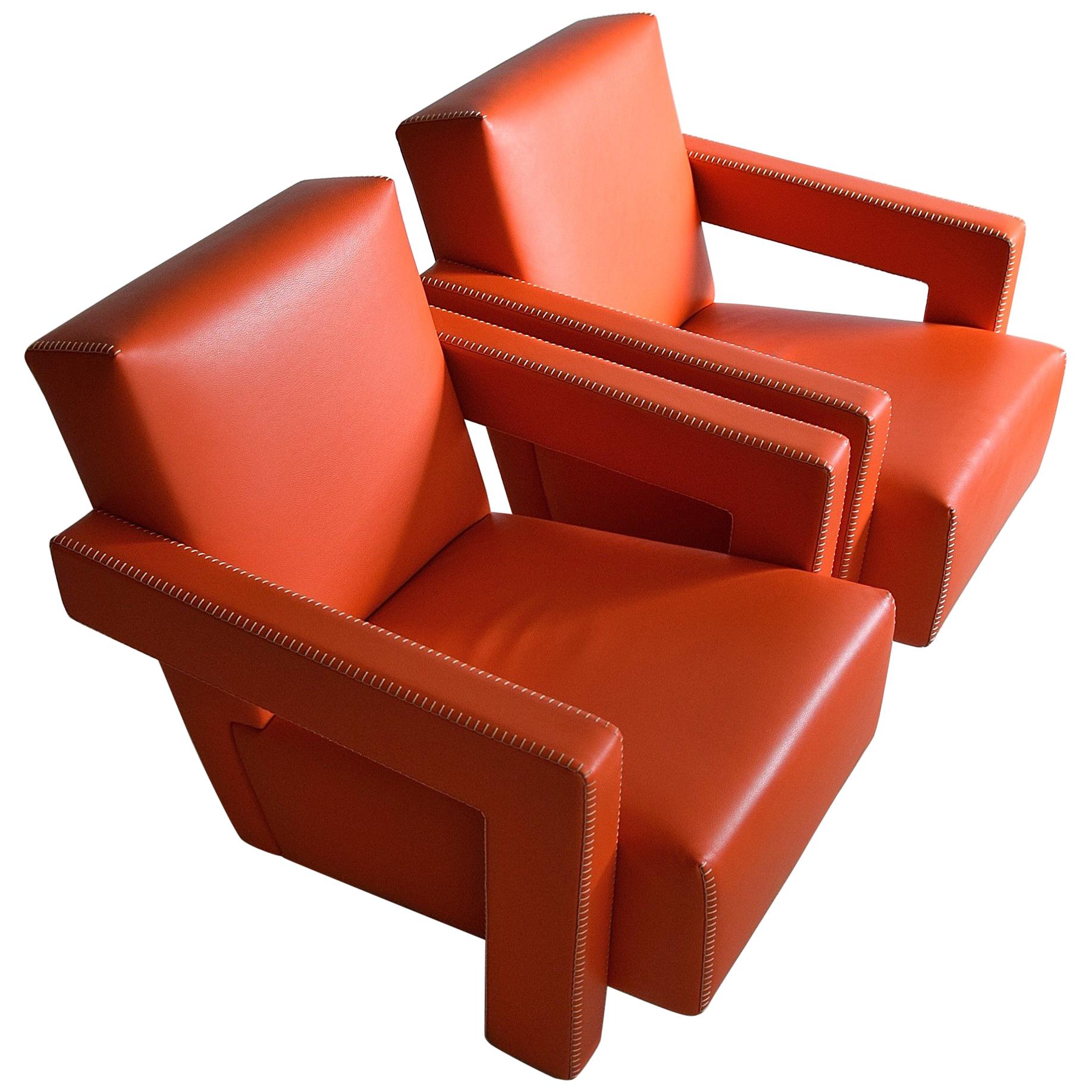 Gerrit Rietveld Leather Hermes Orange Utrecht Lounge Chairs