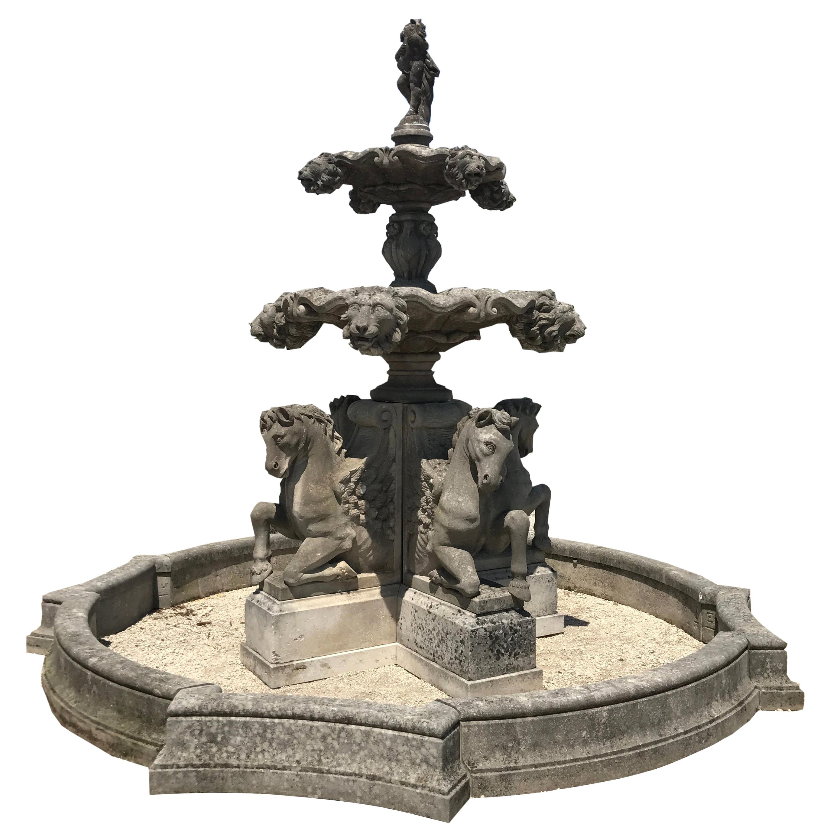 Italian Hand Carved Limestone Tiered Monumental Water Fountain For Sale