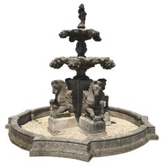 Used Italian Hand Carved Limestone Tiered Monumental Water Fountain